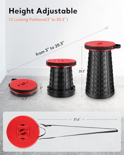 Image of imodomio Height Adjustable Camping Stool - Wide Seat Portable Folding Chair - Compact Portable Chair for Adults, Collapsible Stool Seat for Fishing, Camping, Hunting, Patio & Outdoor (RED)