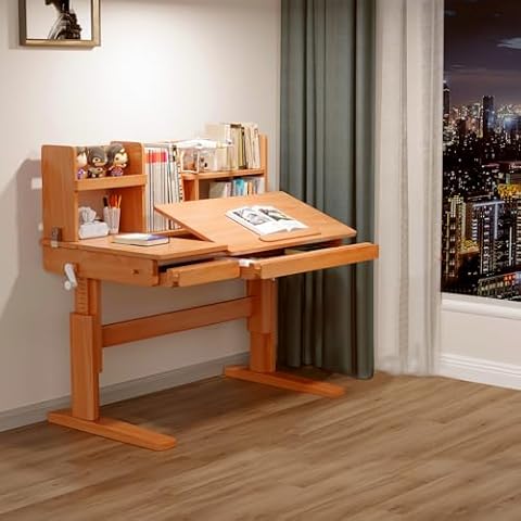BALANBO Ergonomic Kids Desk Beech 100% Kids Table with Drawer and Bookshelf Adjustable Desktop Height and Tilted Desktop Writing Desk 46.5 in… Cover