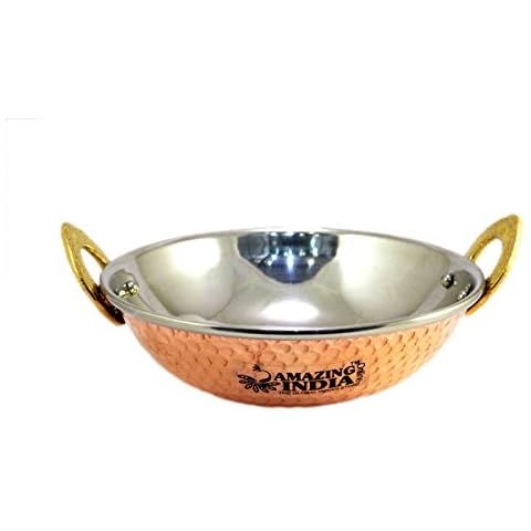 Amazingindiaonline Indian Copper Kadai Curry Balti Stainless Steel Serving Dish Wok Rice Food Serving Bowl Party Festive 329ml Cover