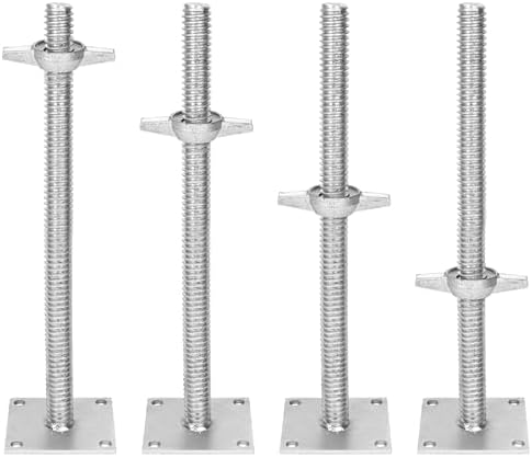 Petour 4 Pcs Solid Jack Scaffolding Equipment Set, 18" Adjustable Screw Jacks, 1-1/4" OD Base Plate Silver Leveling Jacks Galvanized Screw Solid Stem Scaffolding Legs with Base Plate