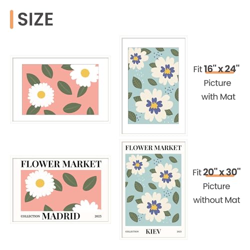 Image of upsimples 20x30 Poster Frame, Display Pictures 16x24 with Mat or 20x30 Without Mat, Wall Hanging Picture Frame, White, 1 Pack