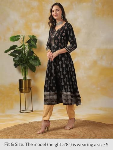 Image of rangita Black Rayon Calf Length Embroidered Anarkali Kurti for Women | Kurta for Women