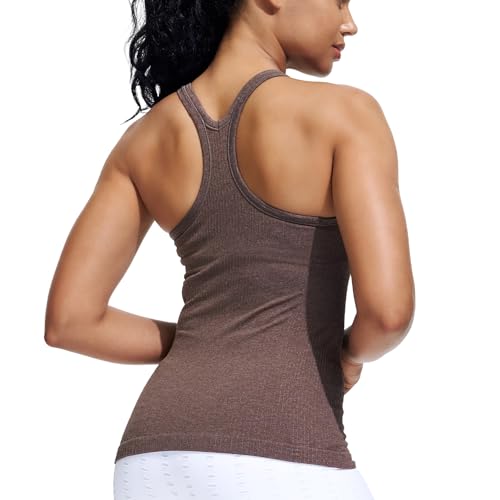Seamless Ribbed Workout Yoga Racerback Tank Top for Women with Built in Shelf Bra