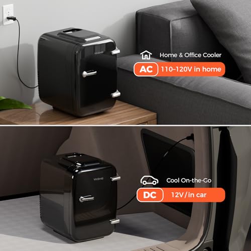 Image of YASHE Mini Fridge, 4 Liter /6 Can Mini Makeup Fridge, 110V AC / 12V DC Portable Thermoelectric Cooler&Warmer for Skincare, Drink, Cosmetic, Medicine, Small fridge for Bedroom, Office, Dorm, Car, Black