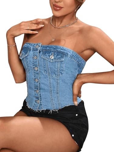 SweatyRocks Women's Button Up Strapless Denim Crop Top Y2k Jean Tube Tops4