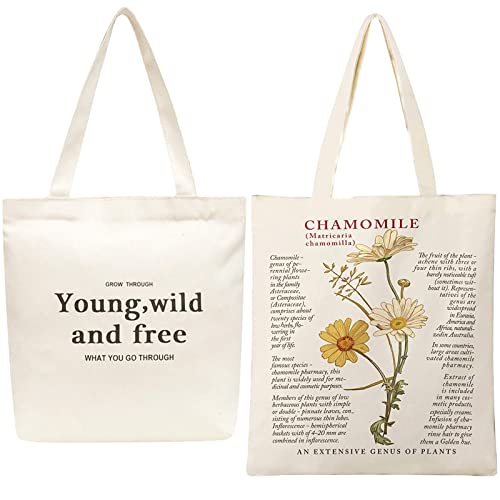RUIJIE Sac en Toile de Jute Imprimé 2 Pièces Sac en Tissu Réutilisable, Camomille Tote Bag, Sacs en Toile Epaule, Sac à Bandoulière avec Poche & Fermeture Eclair, pour Femme, Shopping, Ecoles, Voyager Cover