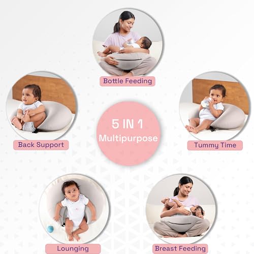 Image of Wakefit Nursing Pillow for Breastfeeding & Baby Care | 5 in 1 Feeding Pillow with Bamboo Waterproof Removable Cover | Super Soft & Machine Washable Waterproof Cover | Grey