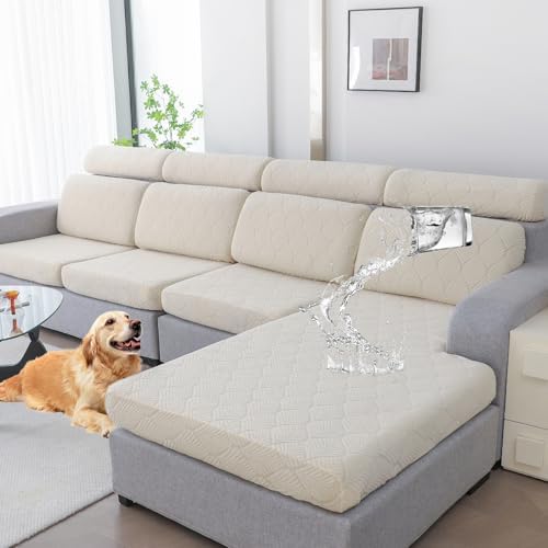 Genina 100% Waterproof Couch Cushion Covers for Pets - Stretch Sofa Seat Cover for Dogs Jacquard Non Slip Sectional Couch Covers Sofa Slipcovers Washable (1 Piece, Ivory)