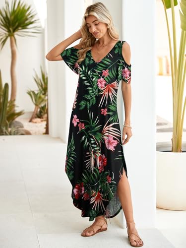 Image of BELAROI Womens Cold Shoulder Maxi Dress Plus Size V Neck Summer Sundresses with Pockets Beach Coverup Vacation Outfits
