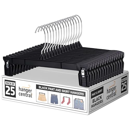 Hanger Central 25 Pack Heavy Duty Plastic Bottoms Hangers with Ridged Pinch Clips Pants Hangers, 12 Inch, Black