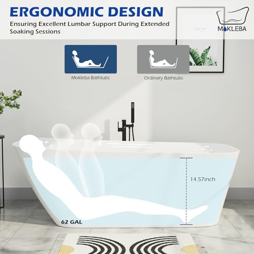 Image of 59 inch Acrylic Freestanding Bathtub, Single Slipper Free Standing Tub, Soaking Tub with Integrated Slotted Overflow, Toe-Tap Chrome Drain, cUPC Certified, Glossy White