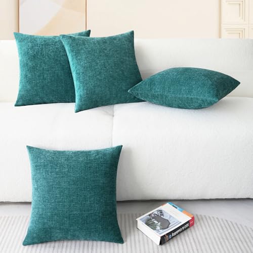 Image of CaliTime Throw Pillow Covers Decorative 18 X 18 Inches Pack of 4 Cozy Chenille Cushion Cases for Couch Sofa Bed Living Room Home Teal