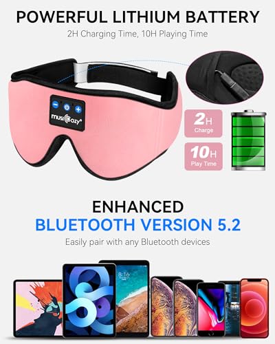 MUSICOZY Sleep Headphones Bluetooth Sleep Mask, 3D Wireless Music Sleeping Eye Mask Earbuds Earphones for Men Women Cool Tech Gadgets Unique Gifts, Peach Pink