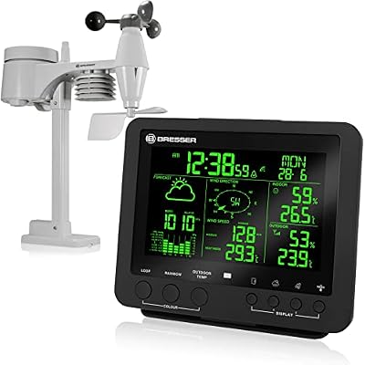 BRESSER Estación Meteorológica 5 en 1, Pantalla 5,7 Pulgadas, 256 Colores, Sensores de Temperatura, Humedad, Viento y Lluvia