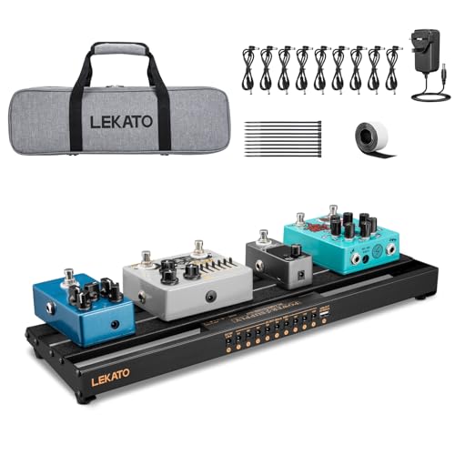 LEKATO Pedalboard mit integriertem Netzteil, 48,5 x 13 x 4,5 cm Kompaktes Effektpedalboard mit Tasche, Pedalboard-Set aus Aluminiumlegierung mit Pedalkabeln, Klettverschluss