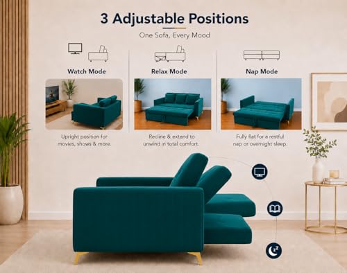 Image of Adorn India Premium Mystic - 3 Years Warranty - 3 Seater Sofa Cum Bed Velvet Suede Fabric - Ocean Blue