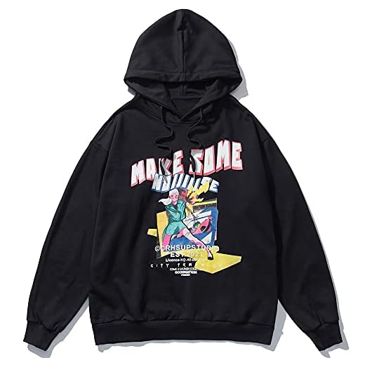 Mäns roliga tjej Manga Anime Letter Print Hooded Pullover Fall Bekväma Hip Hop Harajuku Par Street Wear-Svart, XL