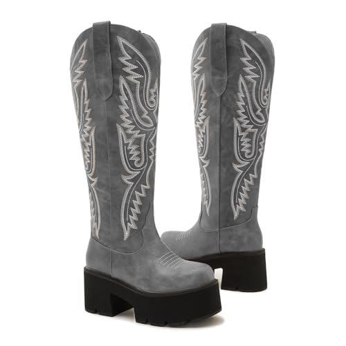 Image of Uillnoodu Wide Calf Cowboy Boots Women Adjustable Lace Up Knee High Tall Plus Size Cowgirl Boots Western Style Comfortable 2-Inch Heel