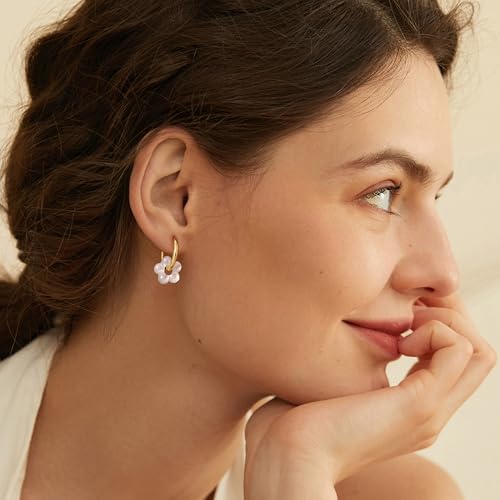 Gold Pearl Earrings For Women, 14K Gold Plated Pearl Drop Dangle Huggie Hoop Flower Earrings, Hypoallergenic Dainty Gold Earrings for Women Trendy Wedding Brides Jewelry Gifts3