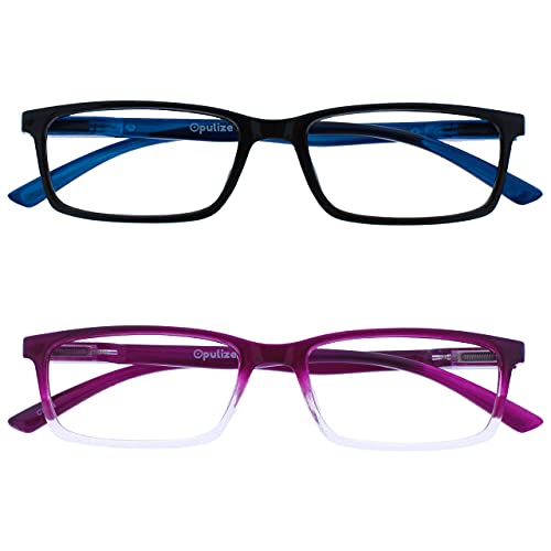 Image of OPULIZE SEE Reading Glasses with Blue Light Blocking for Women and Men, Narrow Frame, Spring Hinges, Computer Gaming Glasses, Black,Purple +1 (Pack of 2)