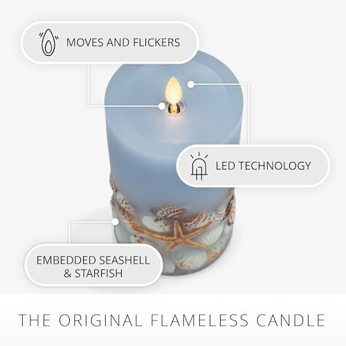 Image of Luminara Flameless LED Candle Soft Chambray Embedded Seashell & Starfish Moving Flame Pillar Unscented Real Wax with Recessed Edge (6.5-inch)