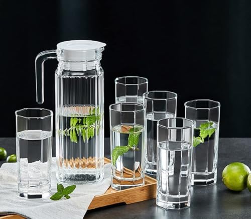 Image of Premium Water and Juice Glasses and Jug Set Combo [6 Piece Glass 300ML & 1 Piece Jug 1 Liter] Transparent Pitcher Set for Dining Table, Home & Restaurant,Party (MTS - 16)