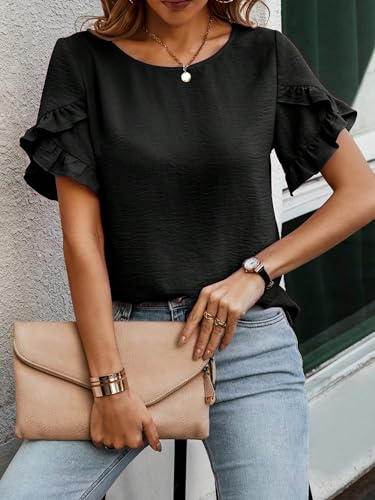 Image of Sugathari Elegant Top, Women's Solid Petal Sleeve Round Neck Ruffle Trim Top II Tops for Women /Girls (TOP 118)