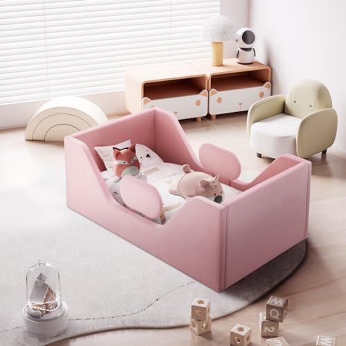 Image of JUNHEDAMAI Toddler Bed Frame, Toddler Floor Bed with Removable Safety Rails, Kids Bed for Girl, Fits Full Size Crib Mattress, Certified Fabric Toddler Beds, Ages 18+ Months Old Kids