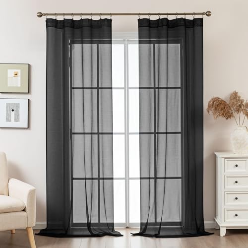 Image of Black Sheer Curtains 108 Inches Extra Long, Privacy Semi Sheer Curtains for Living Room Bedroom, Light Filtering Rod Pocket Voile Window Drapes 2 Panels Set, Each 42 inch W x 108 inch L