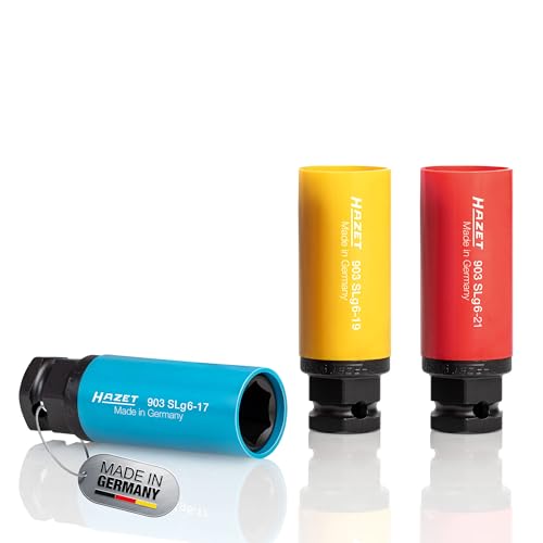 HAZET 3-tlg. Schlag- und Maschinenschrauber Steckschlüsselsatz 903SLG6/3, 1/2 Zoll Vierkant, 24 mm Außen-Sechskant, Tractionsprofil, Größen 17, 19, 21 mm, mit drehbarer Kunststoff-Hülse