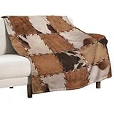Cow Fur Blanket, Patchwork Cow Hide Print Brown White Spliced Pattern Decor Cozy Soft Fluffy Warm Flannel Throw Blanket, Plush Blanket for Couch, Sofa, Chair, Bed, All Season, 60x80in