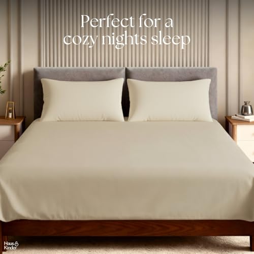 Image of haus & kinder Bedsheet King Size, 300 TC Cotton Sateen Weave, Fitted Bedsheet for Double Size Bed, Silky Smooth (Timeless Pearl, 60x78)