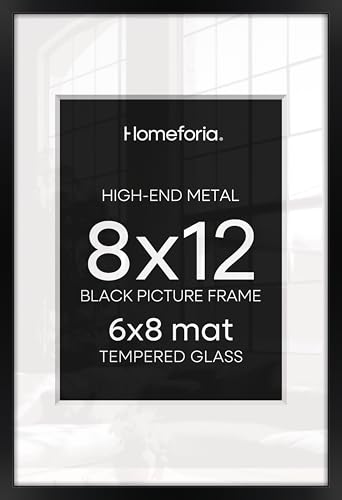 Image of Homeforia 8x12 Black Picture Frame, High-End Metal, 6x8 Mat, Glass | High End Aluminum, Tempered Glass, Acid-Free 6x8 Removable Mat, 8x12 in Edge-to-Edge Display 12x8, Wall Kit, Set Of 3