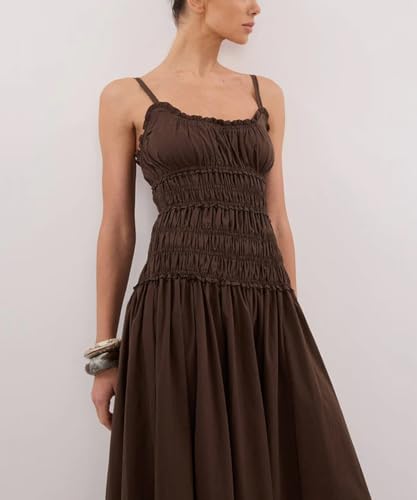 Women Spaghetti Strap Maxi Dress Sleeveless Scoop Neck Smocked Ruffle Tiered Elastic Long Summer Casual Sundress2