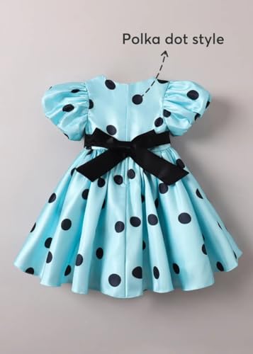 Image of Buy & Try Girls Satin Polka Dot Printed Frock & Dress, Knee Length Puff Sleeve Dress with Zipper Closure