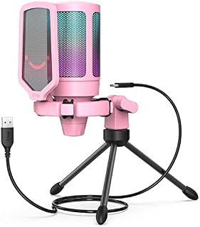 FIFINE Gaming Microphone, USB PC Streaming RGB Condenser Microphone for Video, Voice Recording, Podcasts, Youtube, Tiktok on Desktop/Laptop/PS4/PS5, with Tap-to-Mute, External Pop Filter-A6V Pink