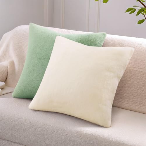 Pallene Faux Fur Plush Throw Pillow Covers 22x22 Set of 2, Soft Fluffy Couch Pillow Covers for Living Room, Sage Green