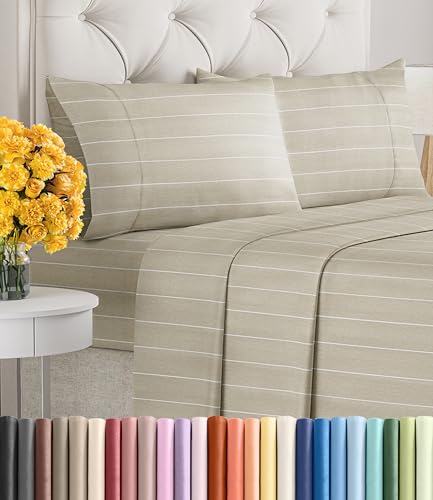 Image of Full Size 4 Piece Sheet Set - Ultra Soft & Cooling Sheets - Beige Stripes 4 | Fits 8 Inch to 16 inch Mattress, Wrinkle Free & Fade Resistant with Deep Pockets, Breathable, Comfy Hotel Luxury Bedding