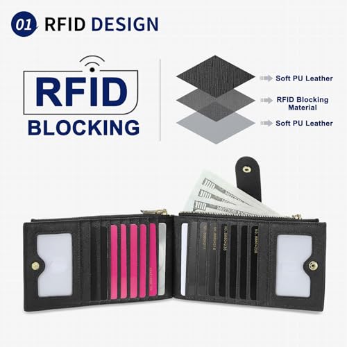 Credit Card Slim Wallet for Women and Men, PU Leather Minimalist Card Holder - 16 Slots & 2 ID Window & 2 Zipper Pocket, Black2
