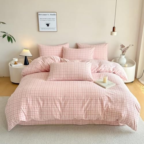 Image of PinkMemory Pink Gingham Plaid Duvet Cover Set King 100% Washed Cotton Cute Pink Checked Bedding Duvet Cover Set for Girls with Pillowcases-Ultra Soft Breathable Zipper Closure Corner Ties