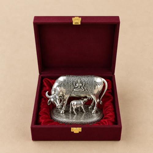 Image of DIVINITI 999 Silver Plated Kamdhenu Cow with Calf Idol | Premium Gift Box Included | Vastu Showpiece for Wealth, Prosperity & Positive Energy | Home Temple, Office & Housewarming Gift | 13.5 x 15 cm