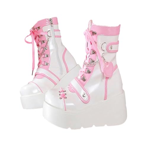 Goth Platform Buckle Boots for Women's Chunky High Heel Lace Up Punk Motorcycle Combat Boots with Chain