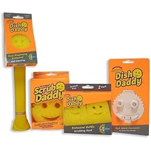 Scrub Daddy Dish Daddy Wand, Refill Heads, Sponge & Connector Head, Soap Dispensing Dish Brush, Texture Changing Washing Up Sponge with Liquid Handle, Built-in Scraper & Scrubbing Head - Yellow