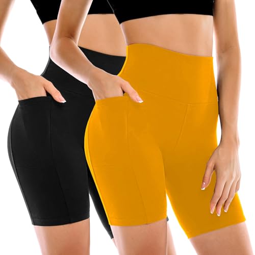 Image of Leafigure 2 Pack Womens Biker Shorts with Pockets 6 inch | High Waisted, Tummy Control, Running, Gym, Workout, Yoga Shorts