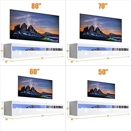Floating TV Stand, Wall Mounted TV Shelf with Led Lights & Power Outlet, 71" Modern Entertainment Center Media Console with Storage, High Gloss TV Cabinet for 65/75/80 inch TV