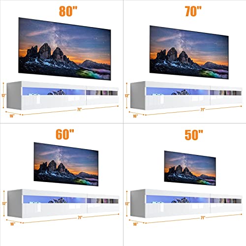 Floating TV Stand, Wall Mounted TV Shelf with Led Lights & Power Outlet, 71" Modern Entertainment Center Media Console with Storage, High Gloss TV Cabinet for 65/75/80 inch TV