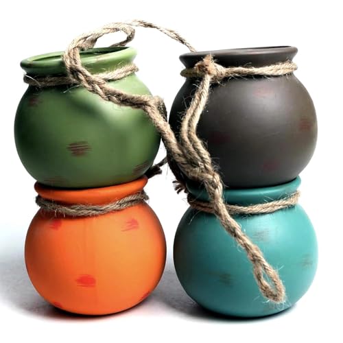 Hanging Planter Set of 4 Ceramic Succulent Pots with Jute Rope, 10 cm, Indoor and Outdoor Use, Flower & Plant Pots for Home Office Balcony, Blue, Green, Orange, Brown - Unron