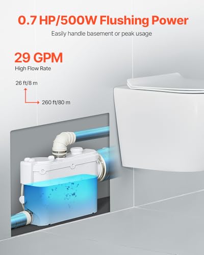 Image of VEVOR Macerator Pump, 500W, 29 GPM Flow, 26 ft /8 m Head, Macerator Wall-Hung Toilet Pump with 4 Water Inlets, Waste Water Disposal Upflush Machine for Toilet, Basement, Shower, Sink, Laundry, Bathtub