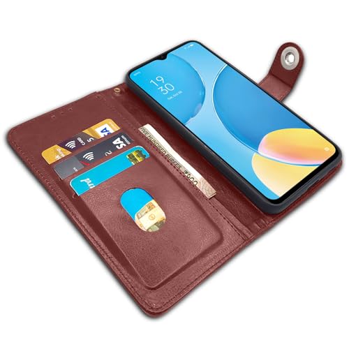 Image of Pikkme Oppo A15 / A15s Flip Cover Leather Finish | Inside TPU with Card Pockets | Wallet Stand and Shock Proof | Complete Protection Button Flip Case (Brown)