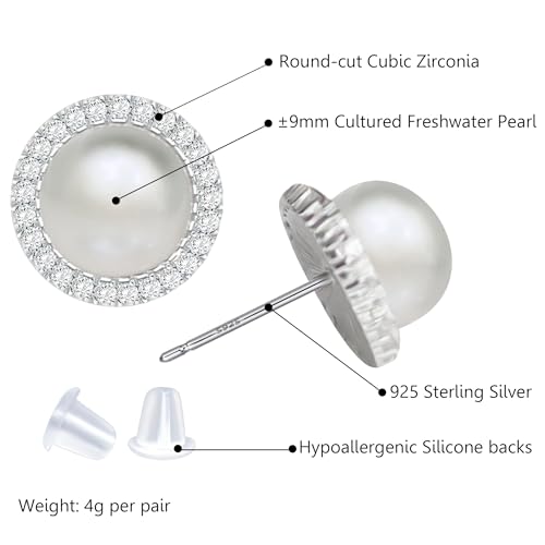 Real Pearl 925 Sterling Silver 9MM Cultured Freshwater Pearl Stud Earrings with Cubic Zirconia for Women, Handpicked Jewelry Gifts for Her4